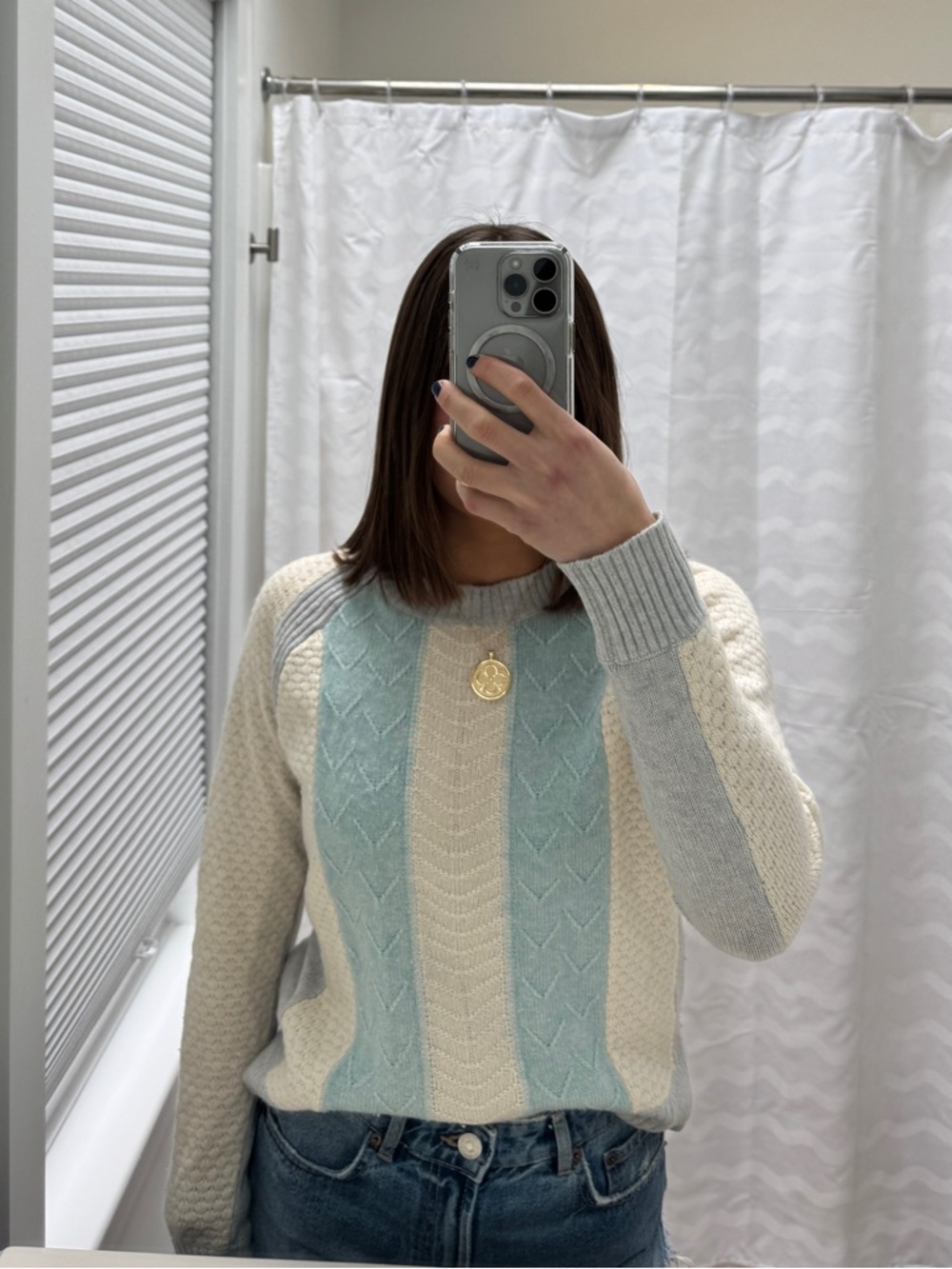 Women's gray, cream, and light blue sweater size medium